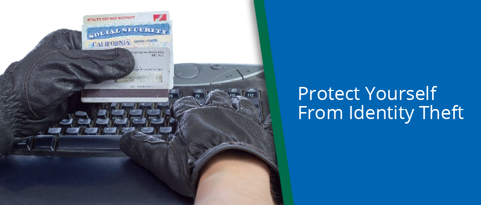Protect yourself from identity theft - Image of a thief holding a social security card, drivers license and bank cards